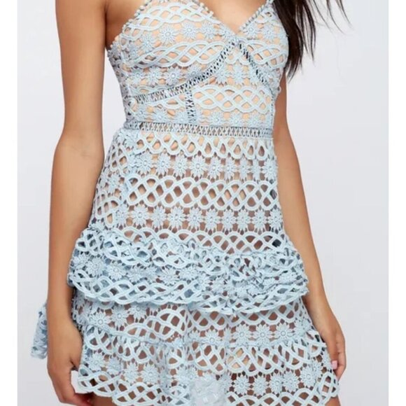 Lulu's Beauty and Lace  Light Blue Crochet Lace Mini Dress L - Picture 4 of 10